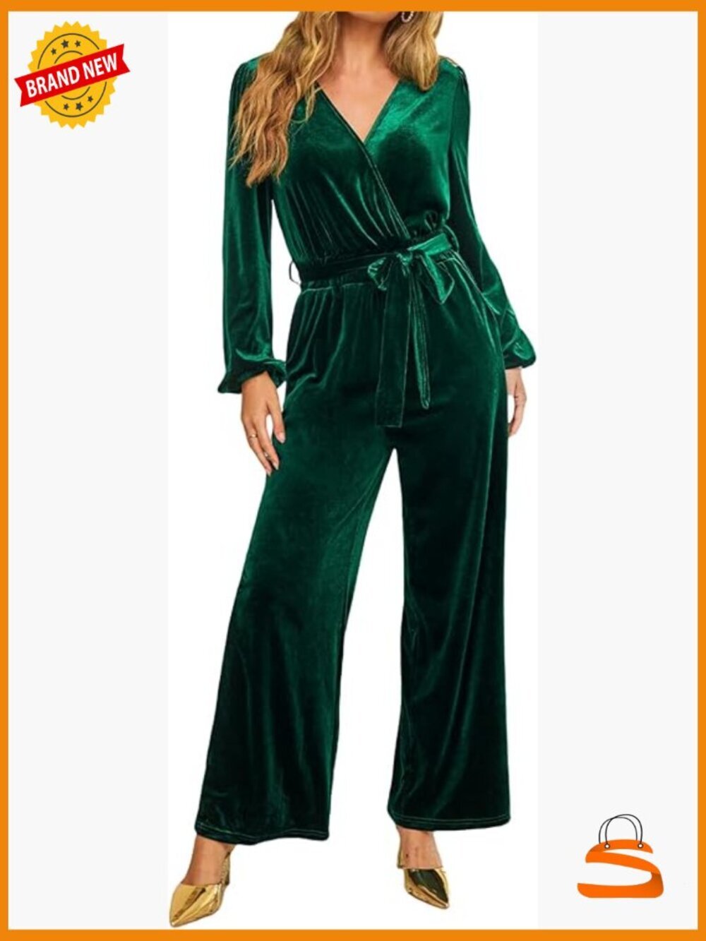 Velvet Wide Leg Maxi Jumpsuit with Pockets V Neck Long Sleeve